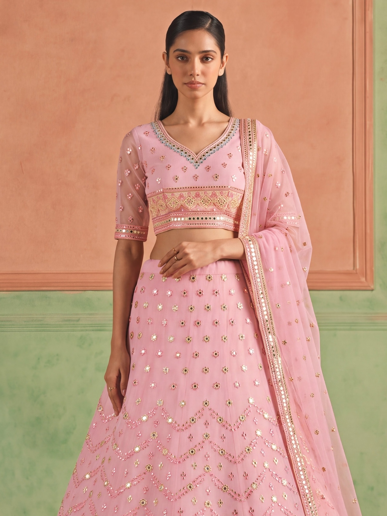 Pink Floral Embroidered Organza Lehenga Choli — alternate view