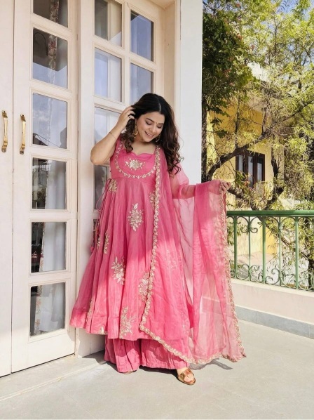 Pink Floral Embroidered Pure Fendy Silk Anarkali Suit