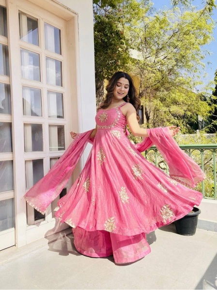 Pink Floral Embroidered Pure Fendy Silk Anarkali Suit — alternate view