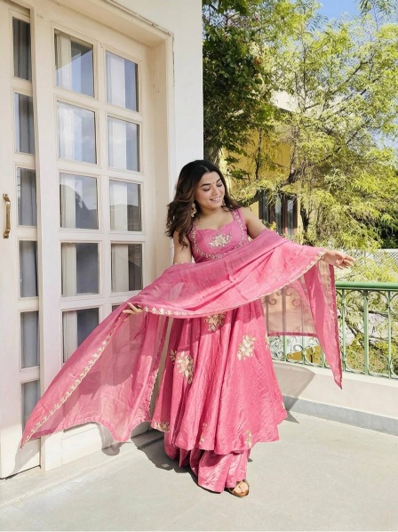 Pink Floral Embroidered Pure Fendy Silk Anarkali Suit