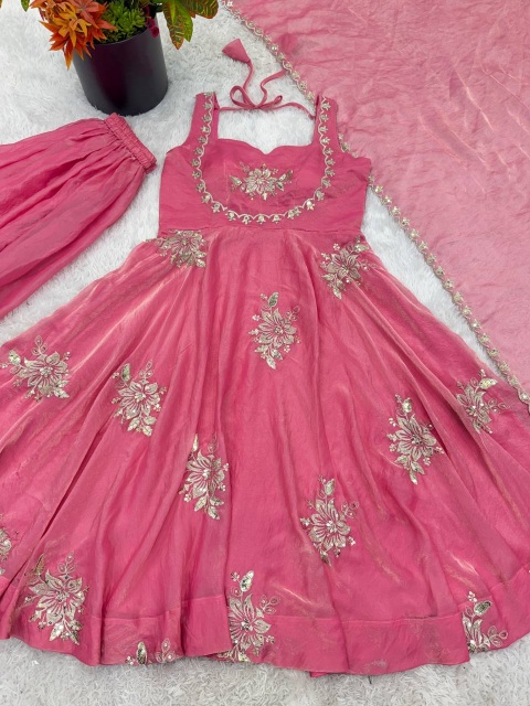 Pink Floral Embroidered Pure Fendy Silk Anarkali Suit