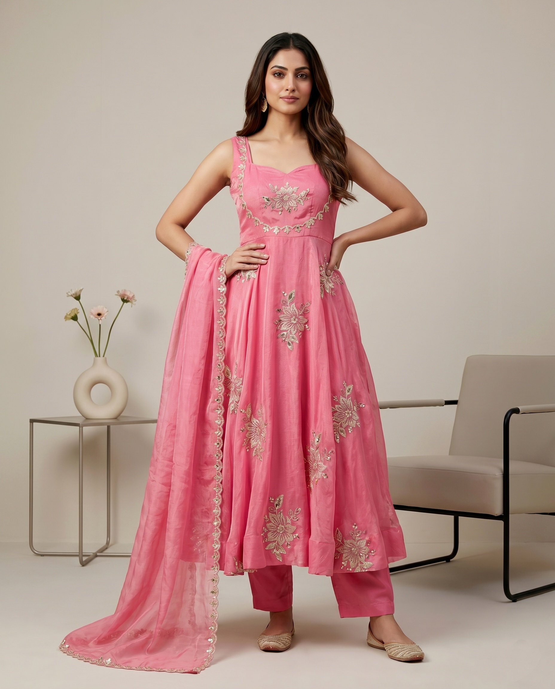 Pink Floral Embroidered Silk Anarkali Suit — alternate view