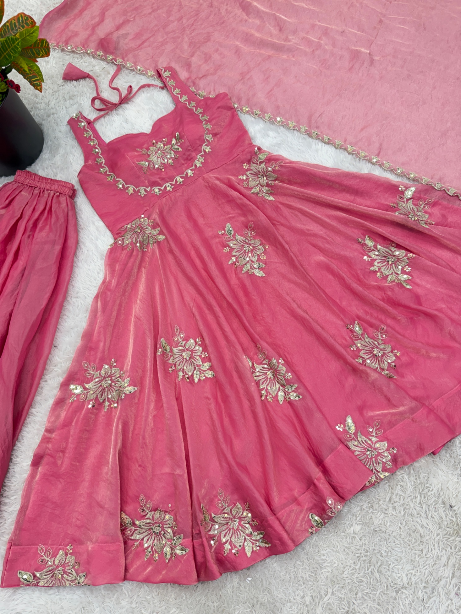 Pink Floral Embroidered Silk Anarkali Suit