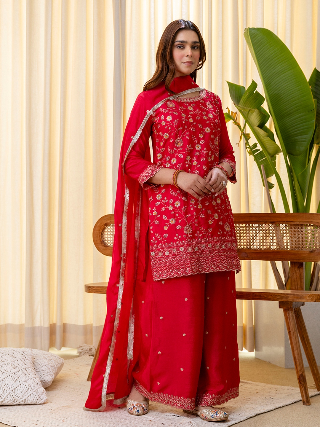 Pink Floral Embroidered Silk Blend Salwar Suit