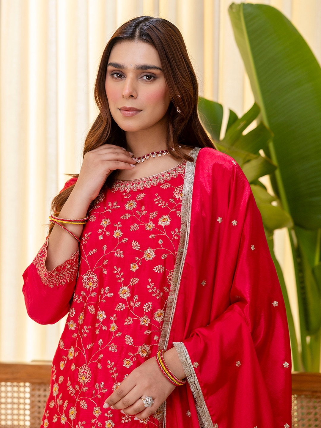 Pink Floral Embroidered Silk Blend Salwar Suit