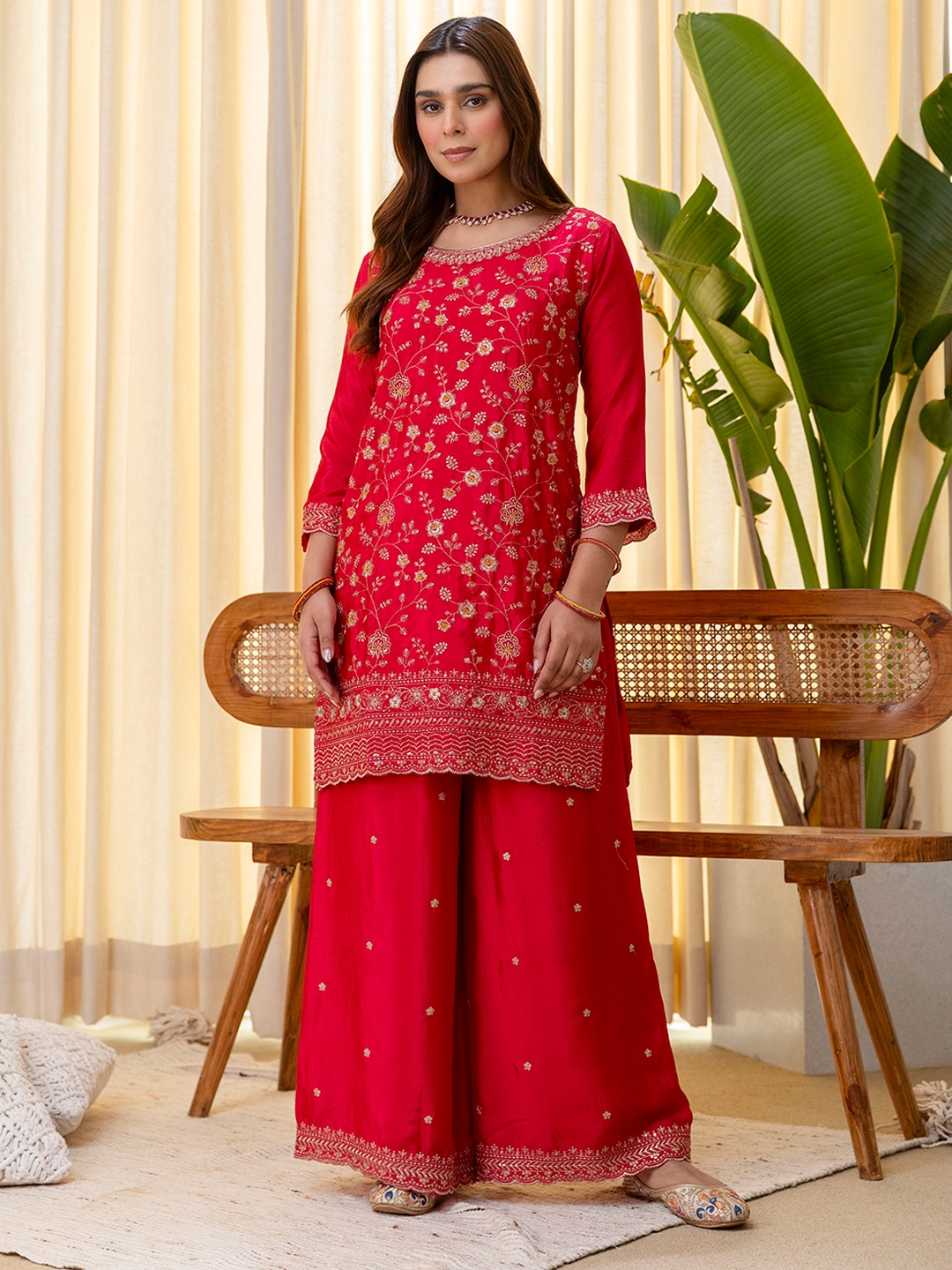 Pink Floral Embroidered Silk Blend Salwar Suit