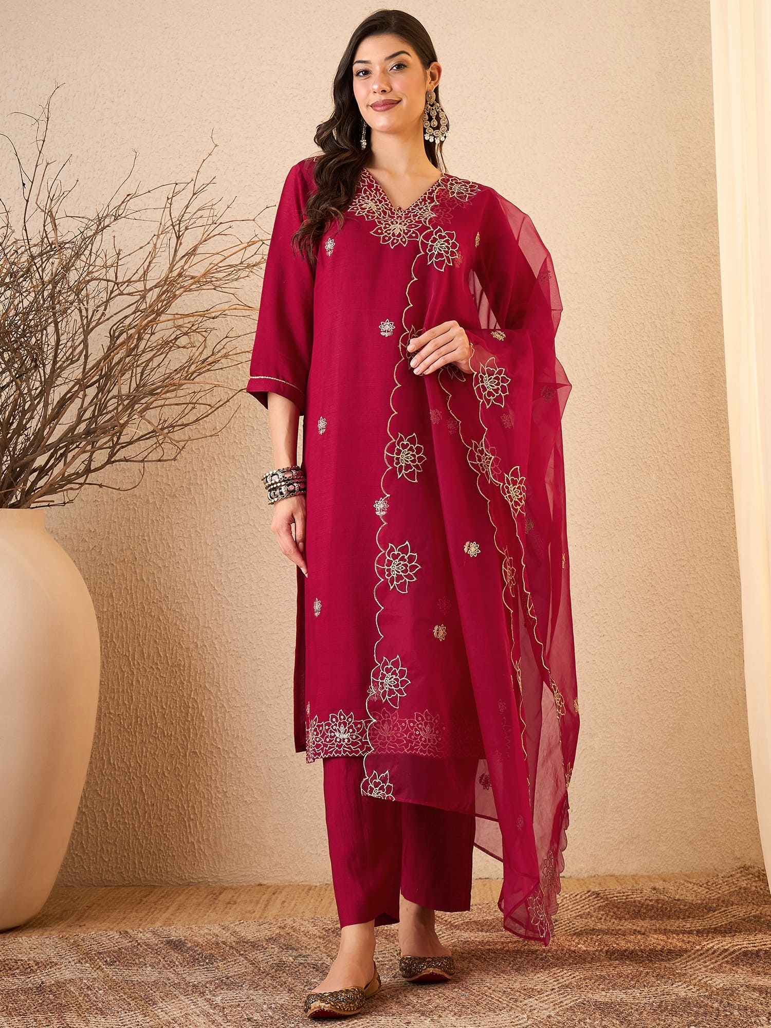 Pink Floral Embroidered Silk Blend Straight Suit
