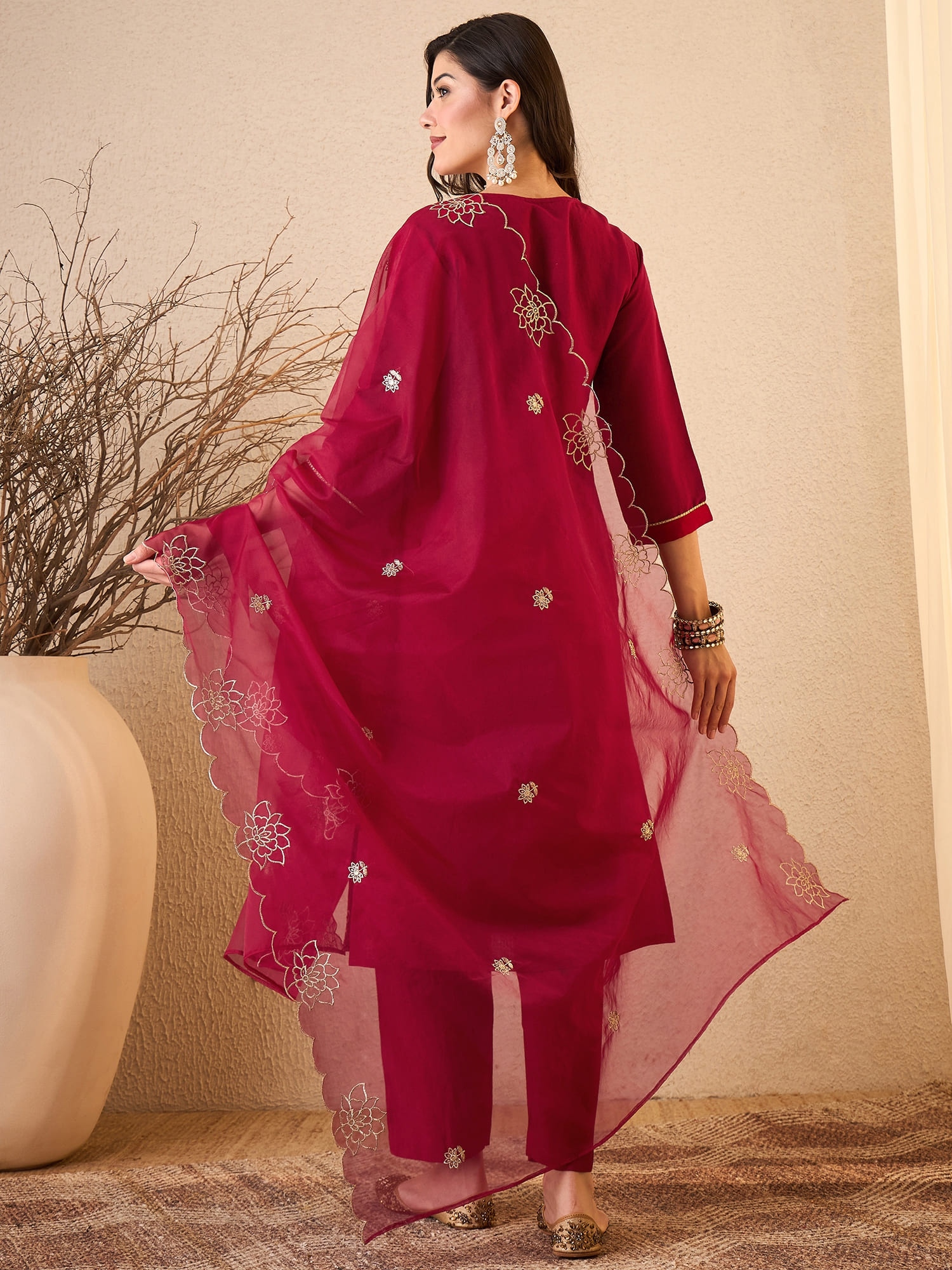 Pink Floral Embroidered Silk Blend Straight Suit — alternate view