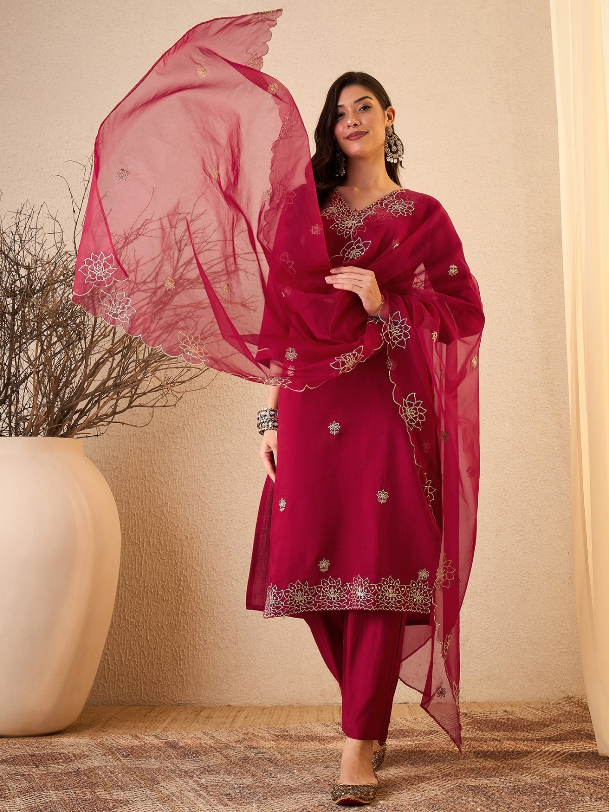 Pink Floral Embroidered Silk Blend Straight Suit