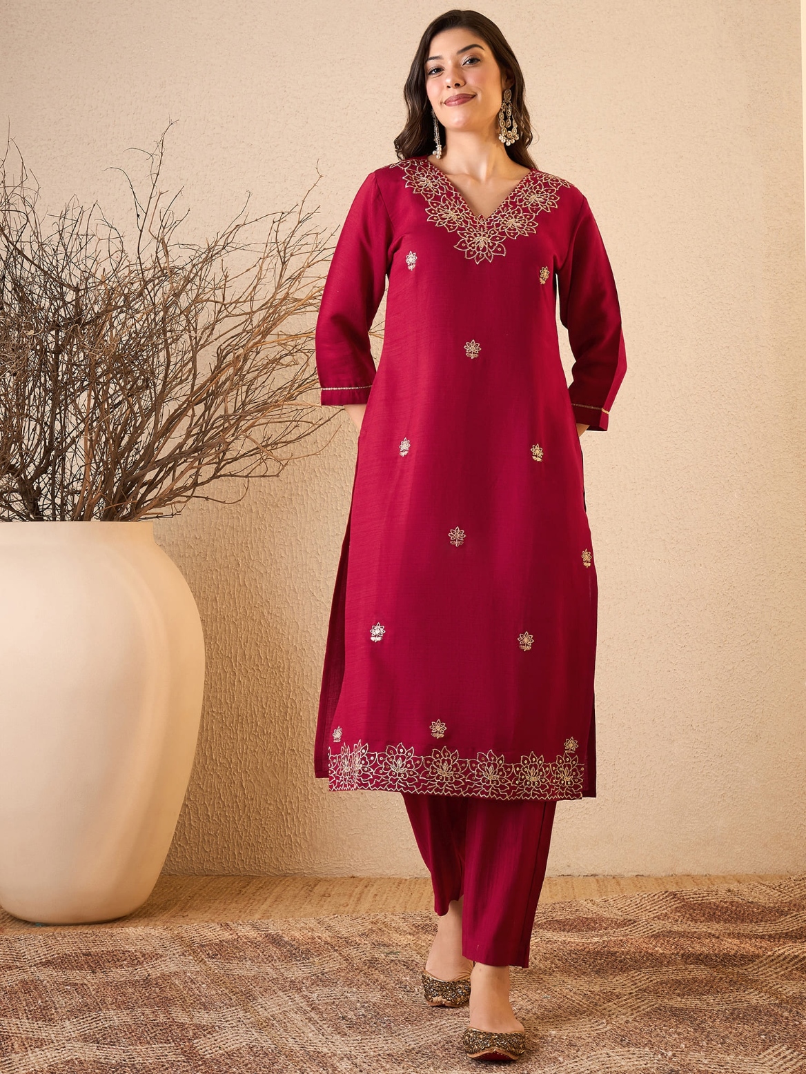 Pink Floral Embroidered Silk Blend Straight Suit