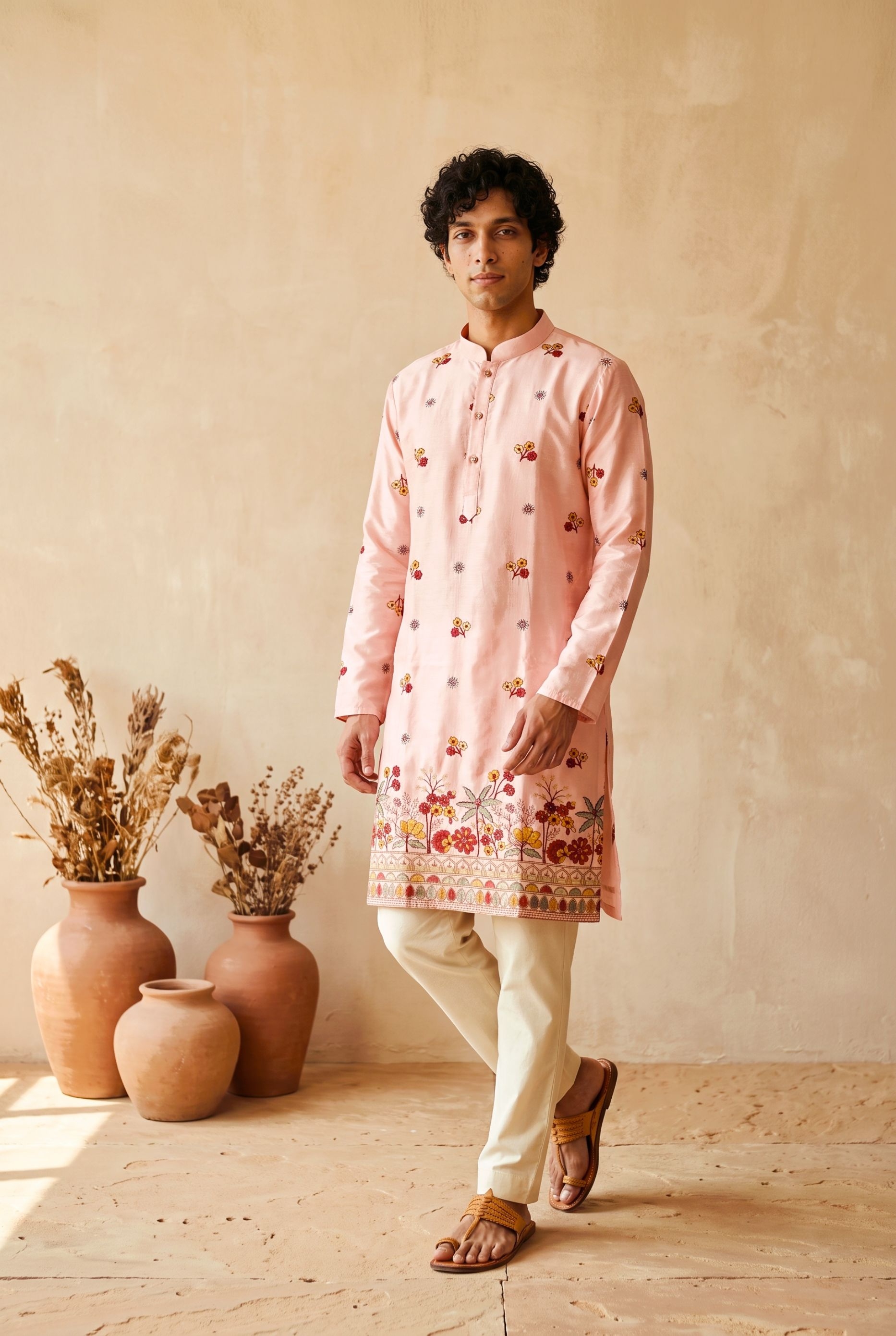 Pink Floral Embroidered Silk Kurta Pyjama