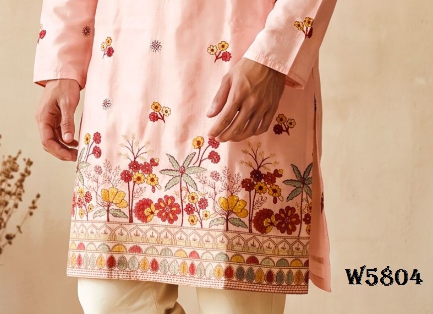 Pink Floral Embroidered Silk Kurta Pyjama — alternate view