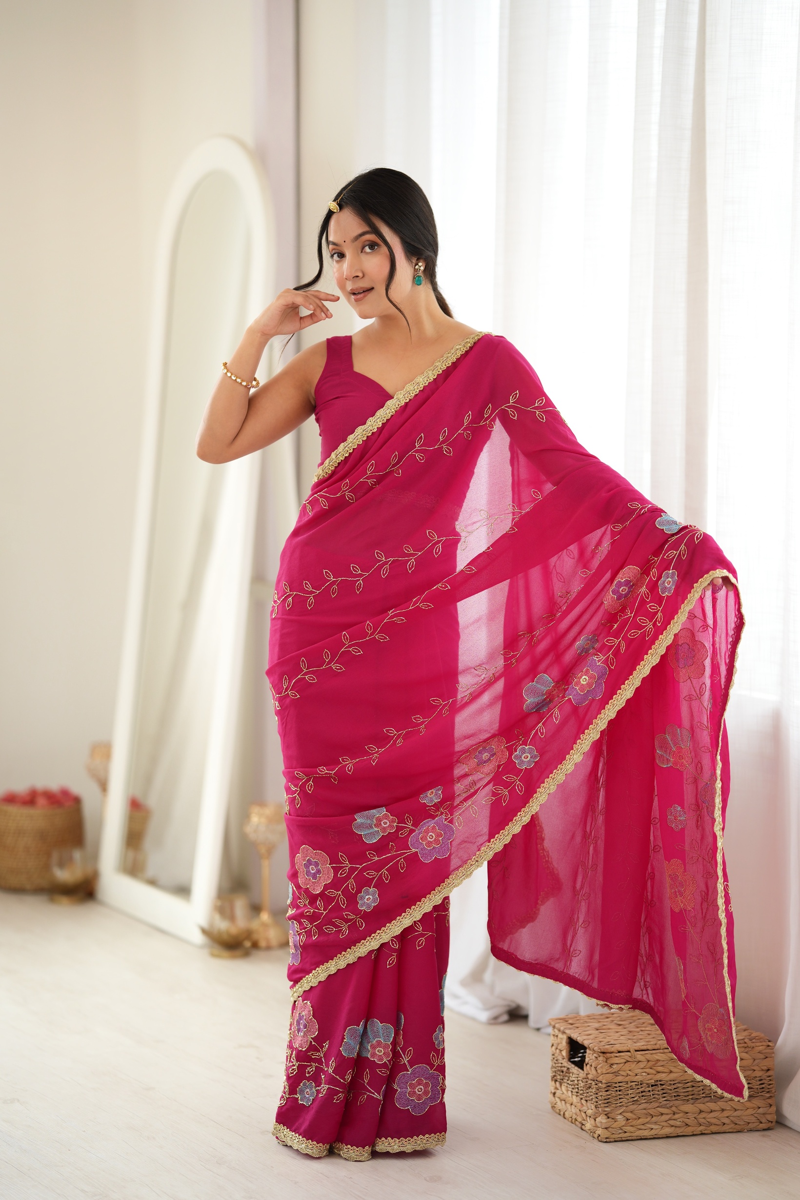 Pink Floral Embroidered Star Georgette Saree