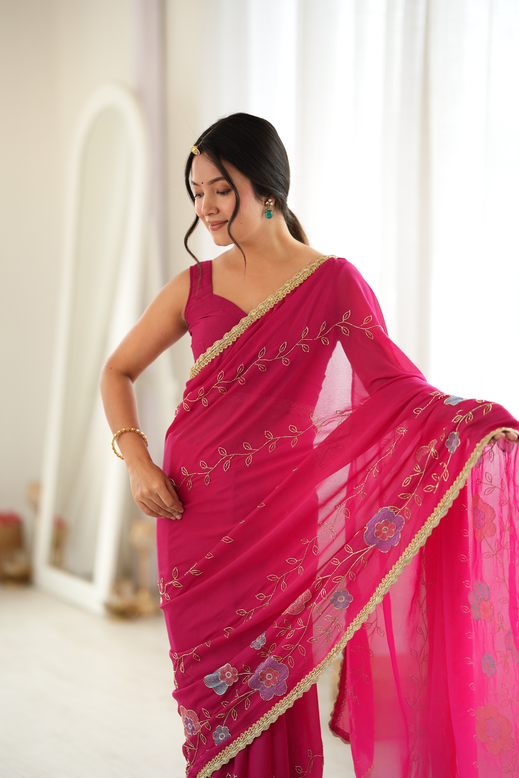 Pink Floral Embroidered Star Georgette Saree
