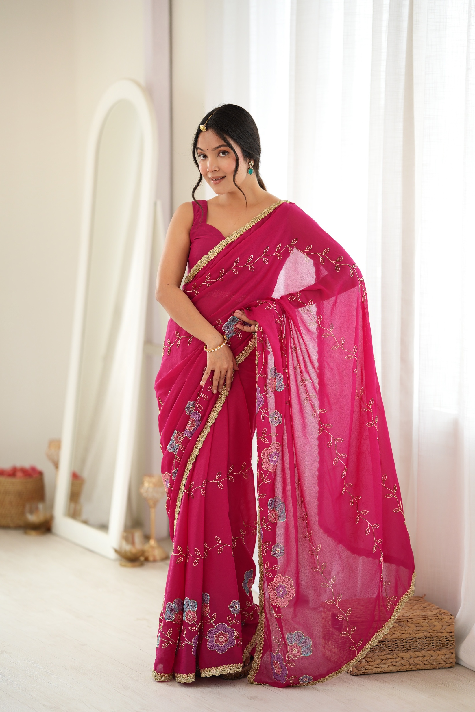 Pink Floral Embroidered Star Georgette Saree