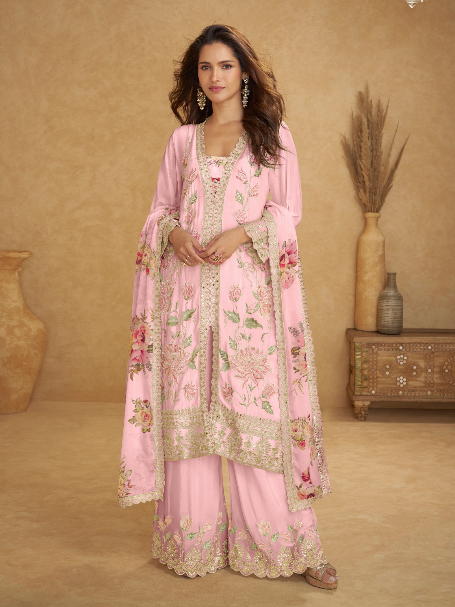 Pink Floral Embroidery Chiffon Palazzo Suit