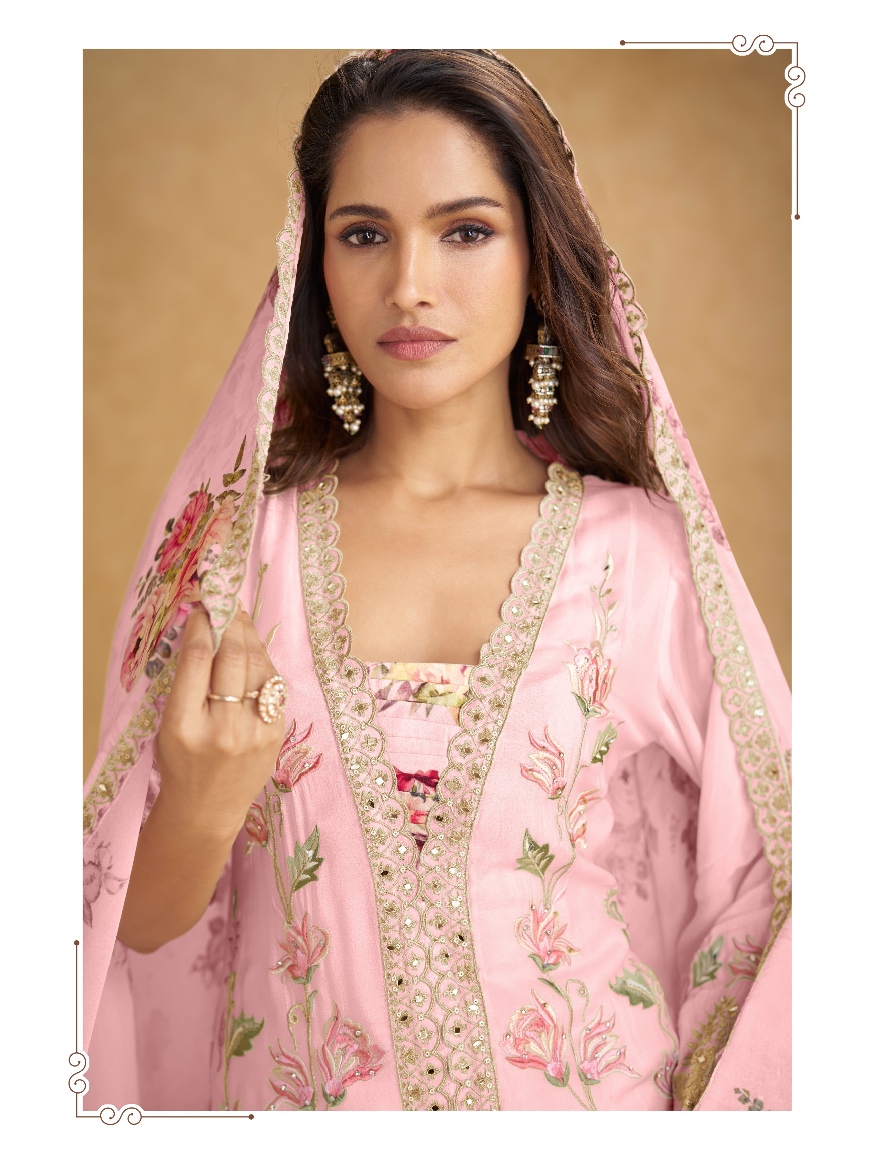 Pink Floral Embroidery Chiffon Palazzo Suit