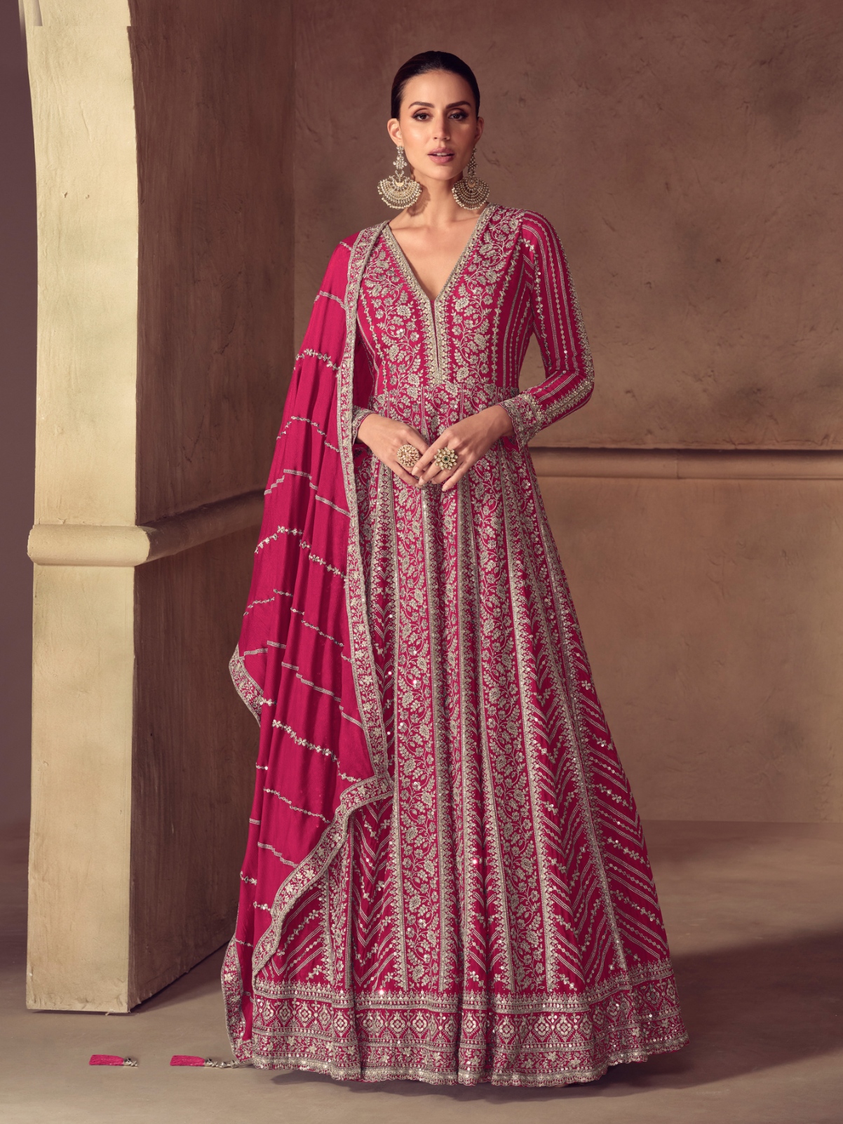 Pink Floral Embroidery Chinon Gown