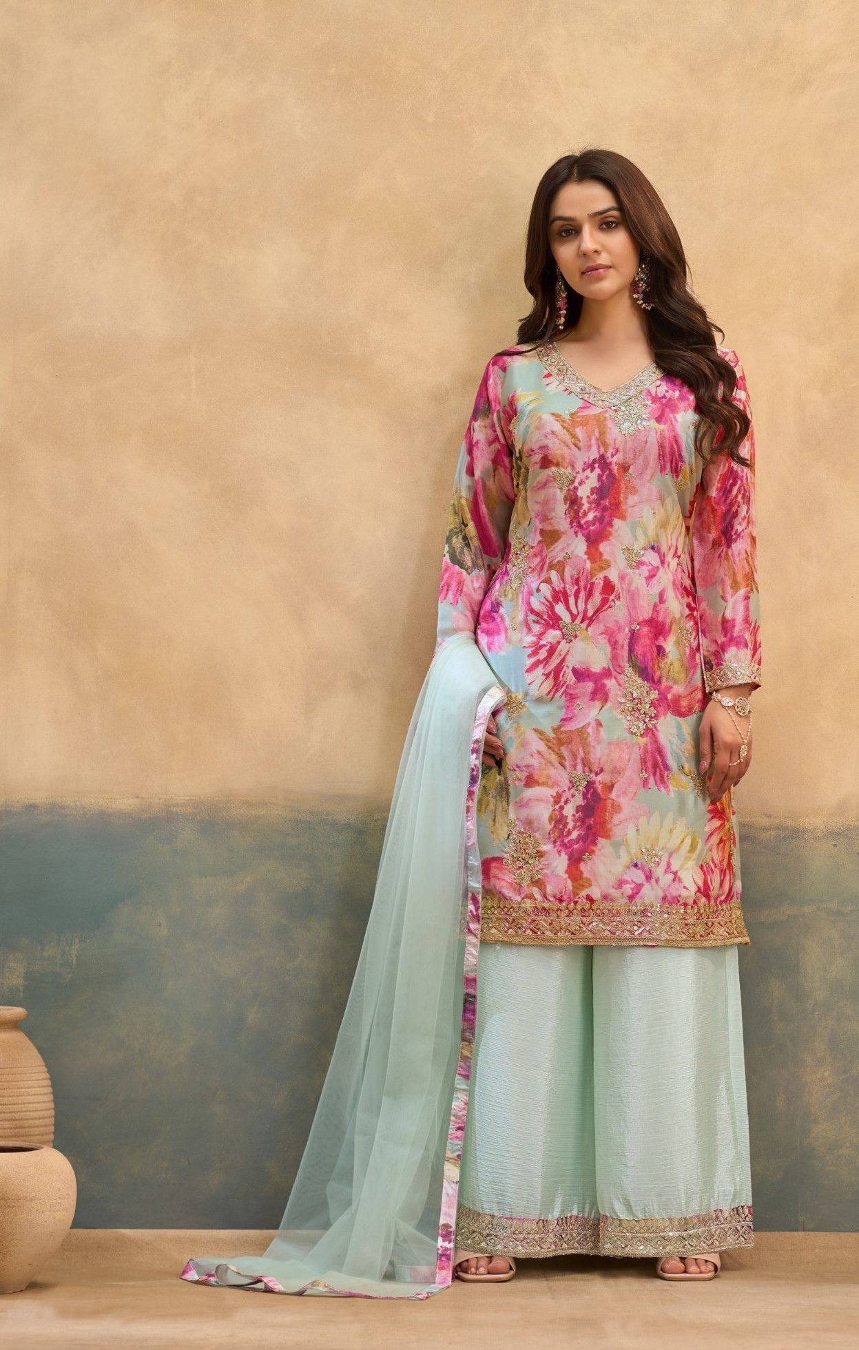 Pink Floral Embroidery Chinon Palazzo Suit