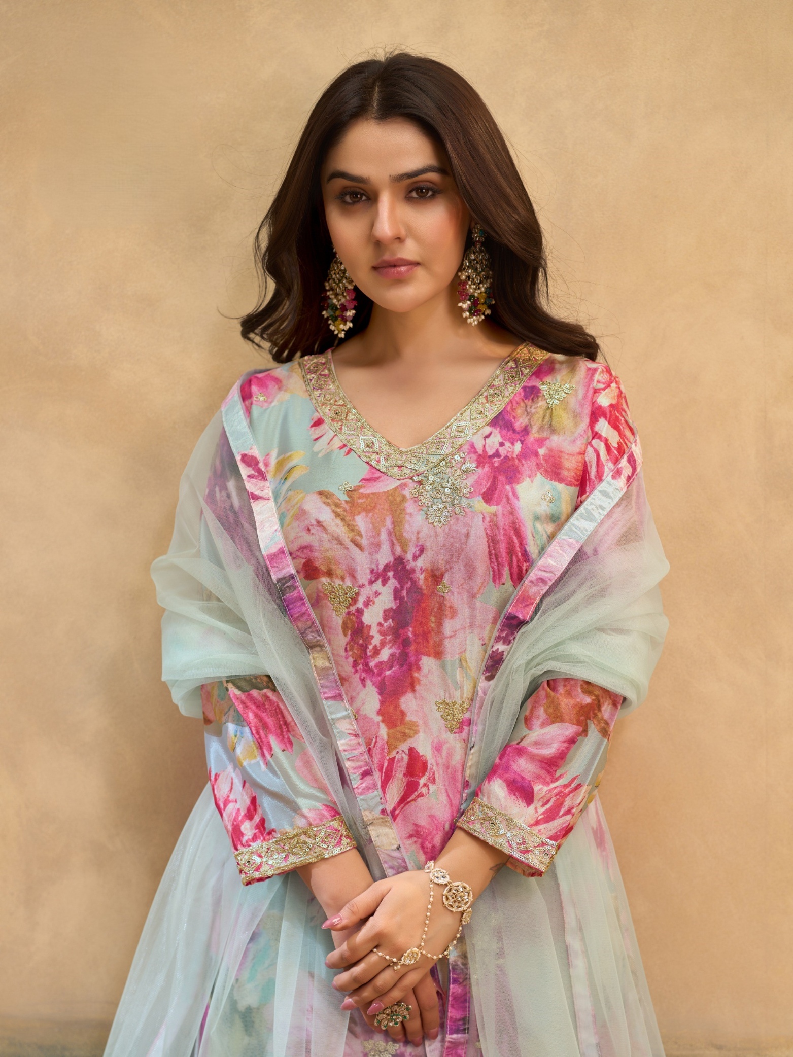 Pink Floral Embroidery Chinon Palazzo Suit — alternate view
