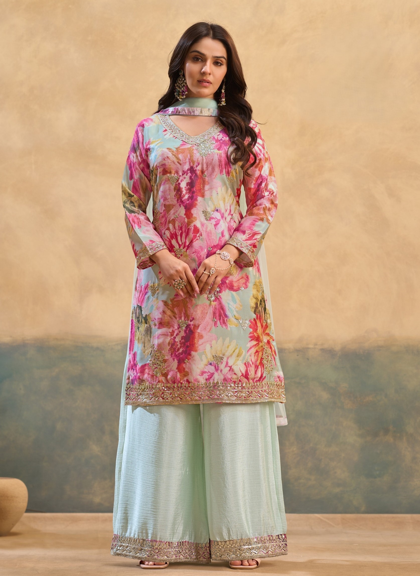 Pink Floral Embroidery Chinon Palazzo Suit