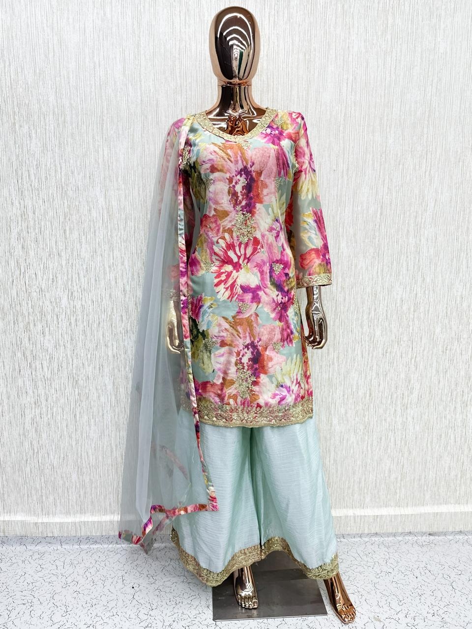 Pink Floral Embroidery Chinon Palazzo Suit
