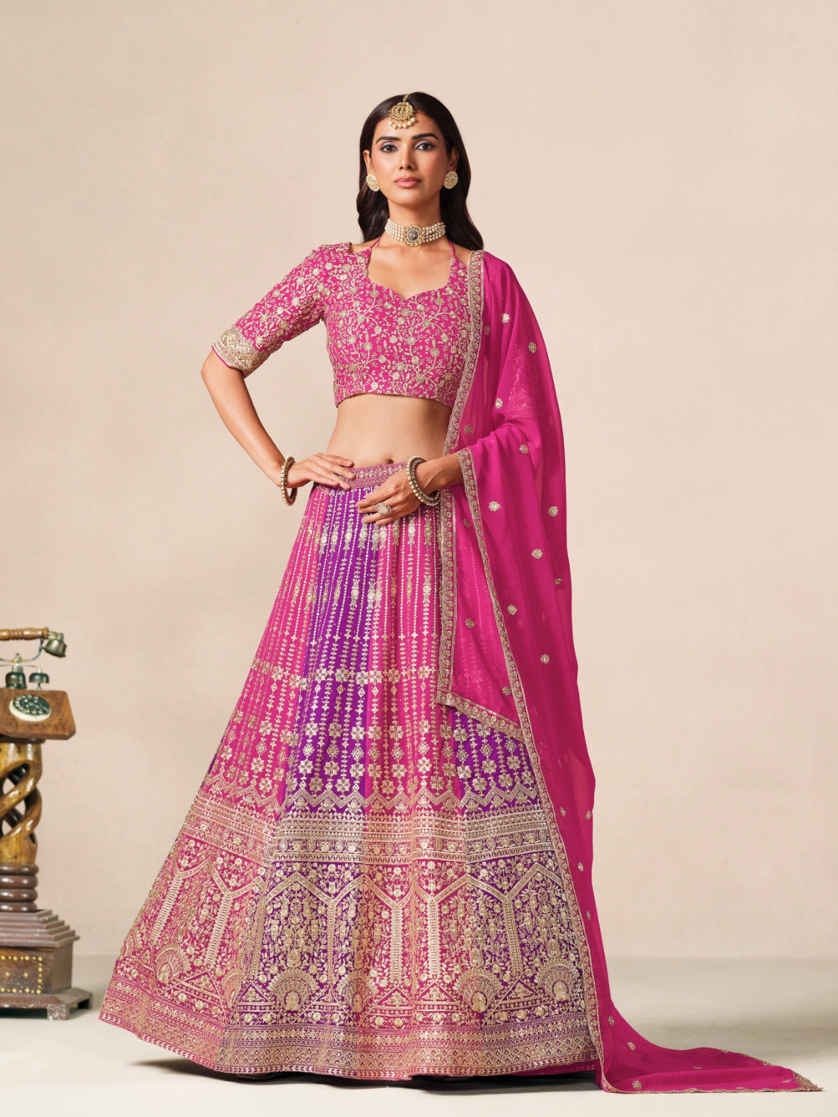 Pink Floral Embroidery Faux Georgette Circular Lehenga Choli
