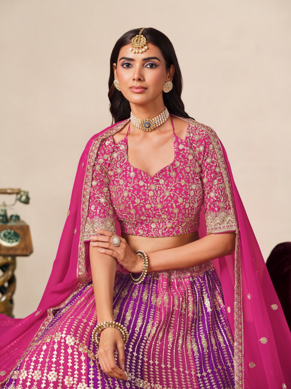 Pink Floral Embroidery Faux Georgette Circular Lehenga Choli