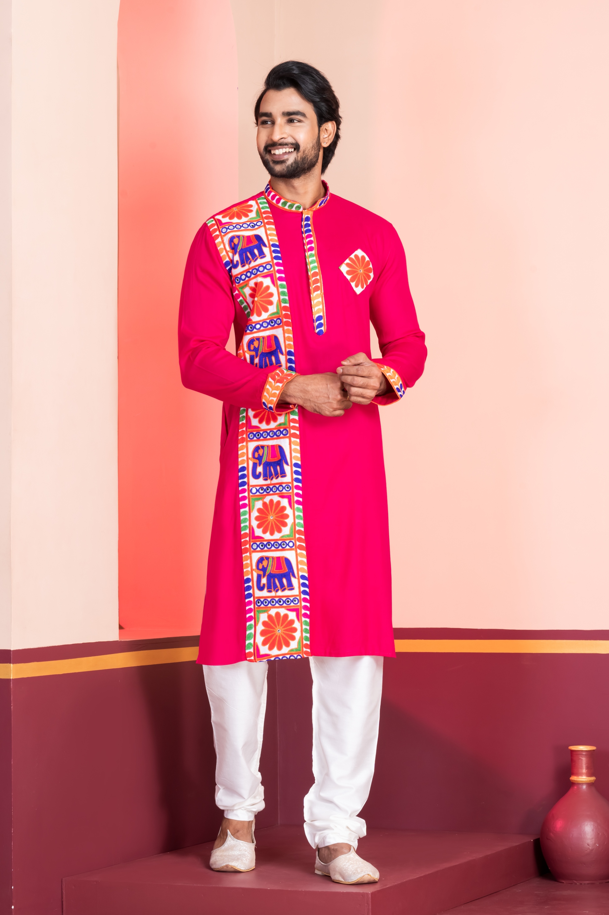 Pink Floral Embroidery Rayon Kurta Pyjama