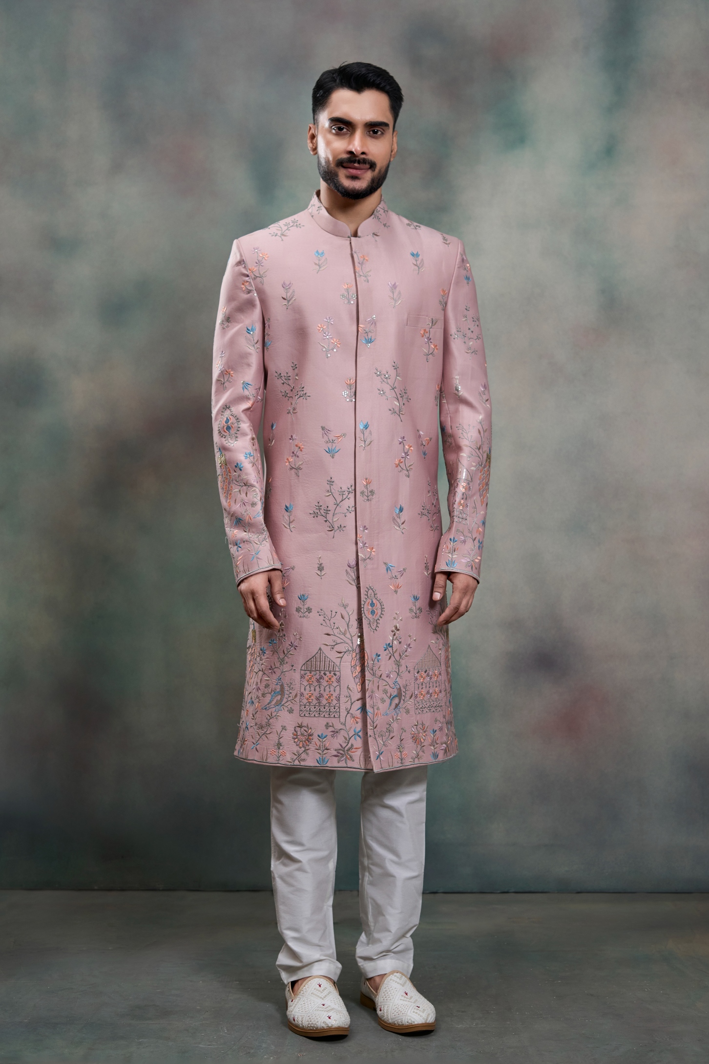 Pink Floral Embroidery Silk Indo-Western Sherwani