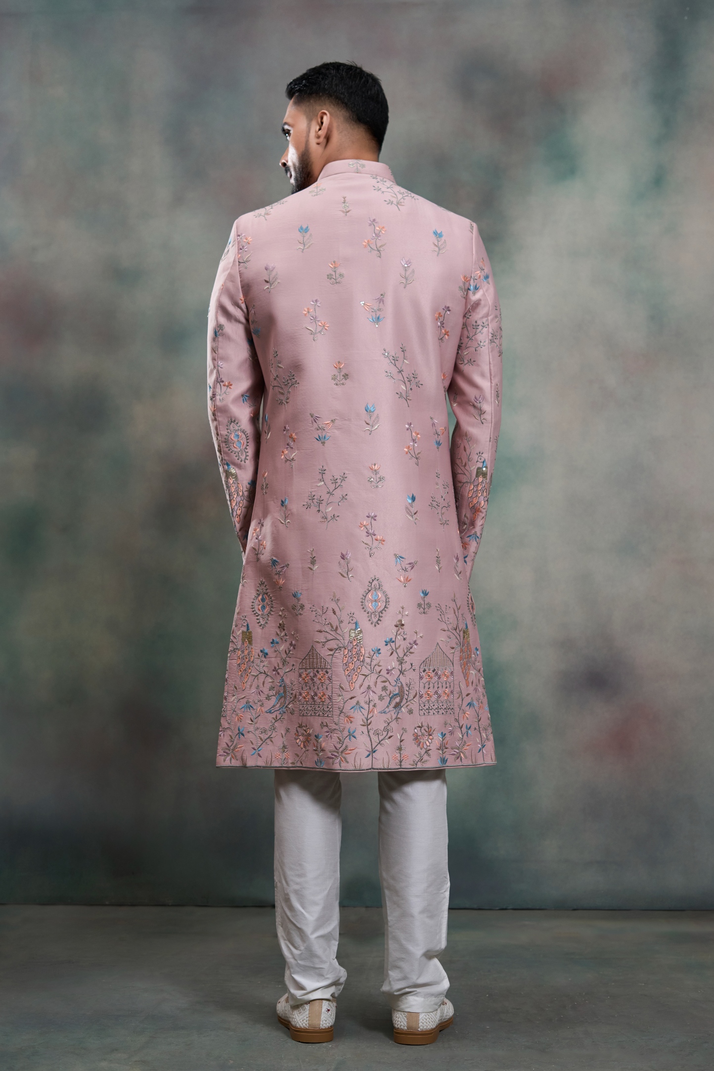 Pink Floral Embroidery Silk Indo-Western Sherwani — alternate view