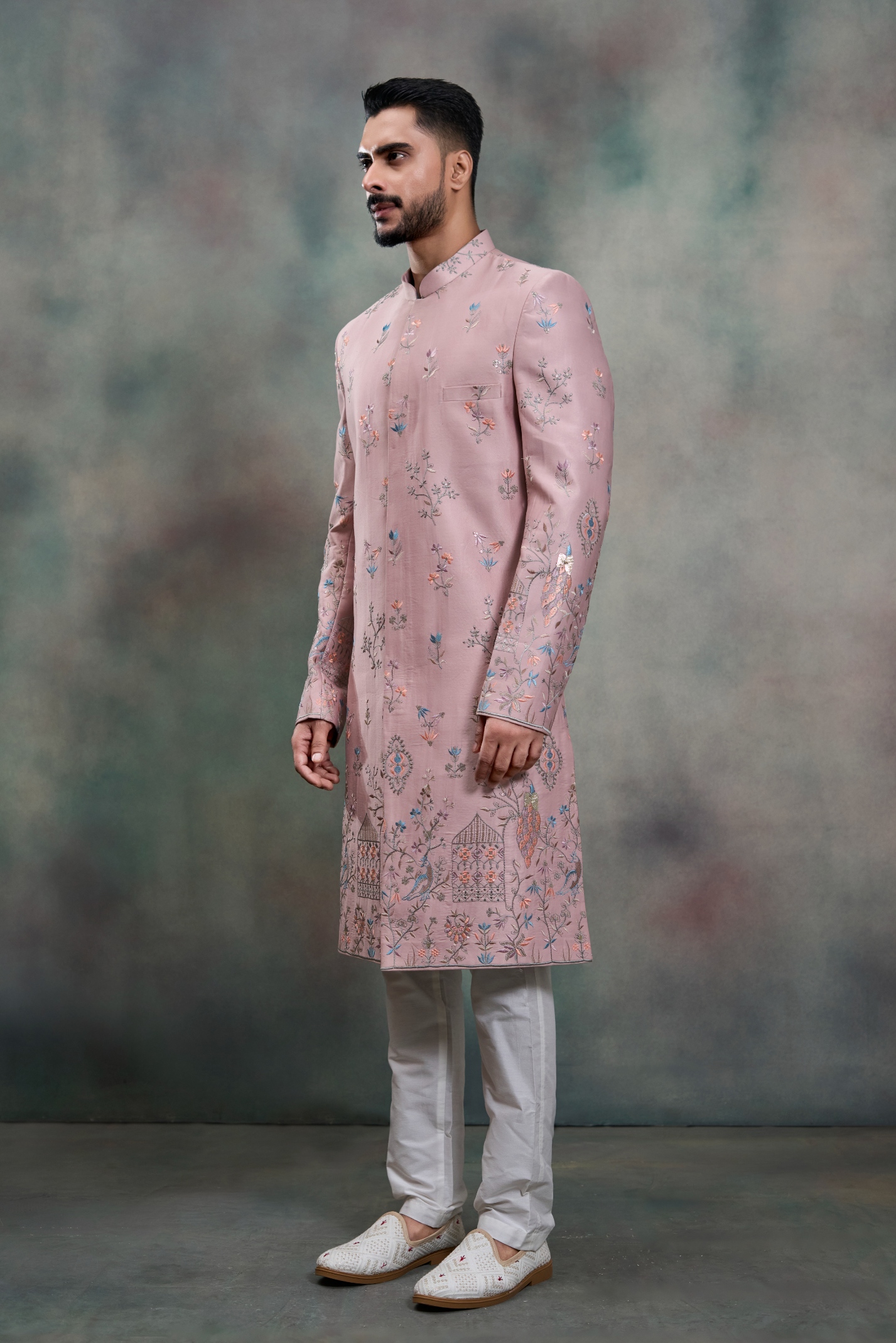 Pink Floral Embroidery Silk Indo-Western Sherwani