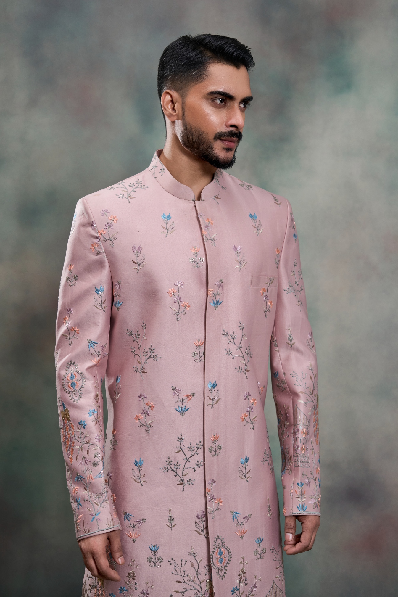 Pink Floral Embroidery Silk Indo-Western Sherwani