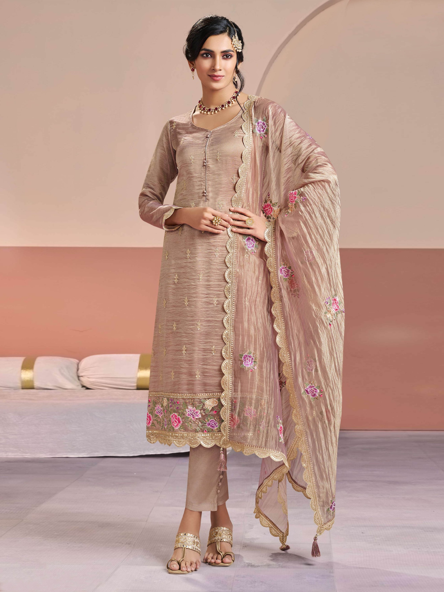 Pink Floral Embroidery Silk Salwar Suit