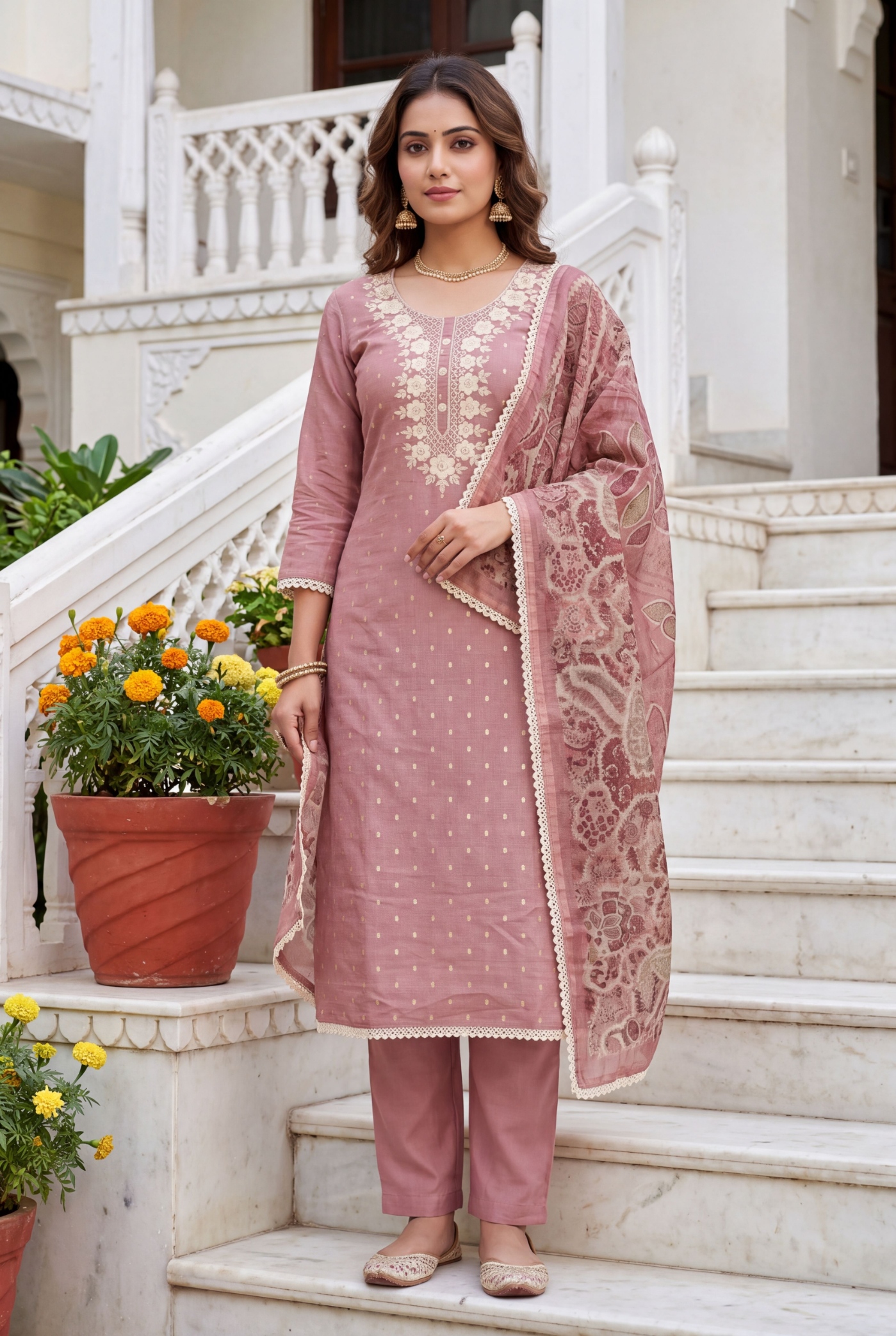 Pink Floral Hand Work Modal Cotton Salwar Suit