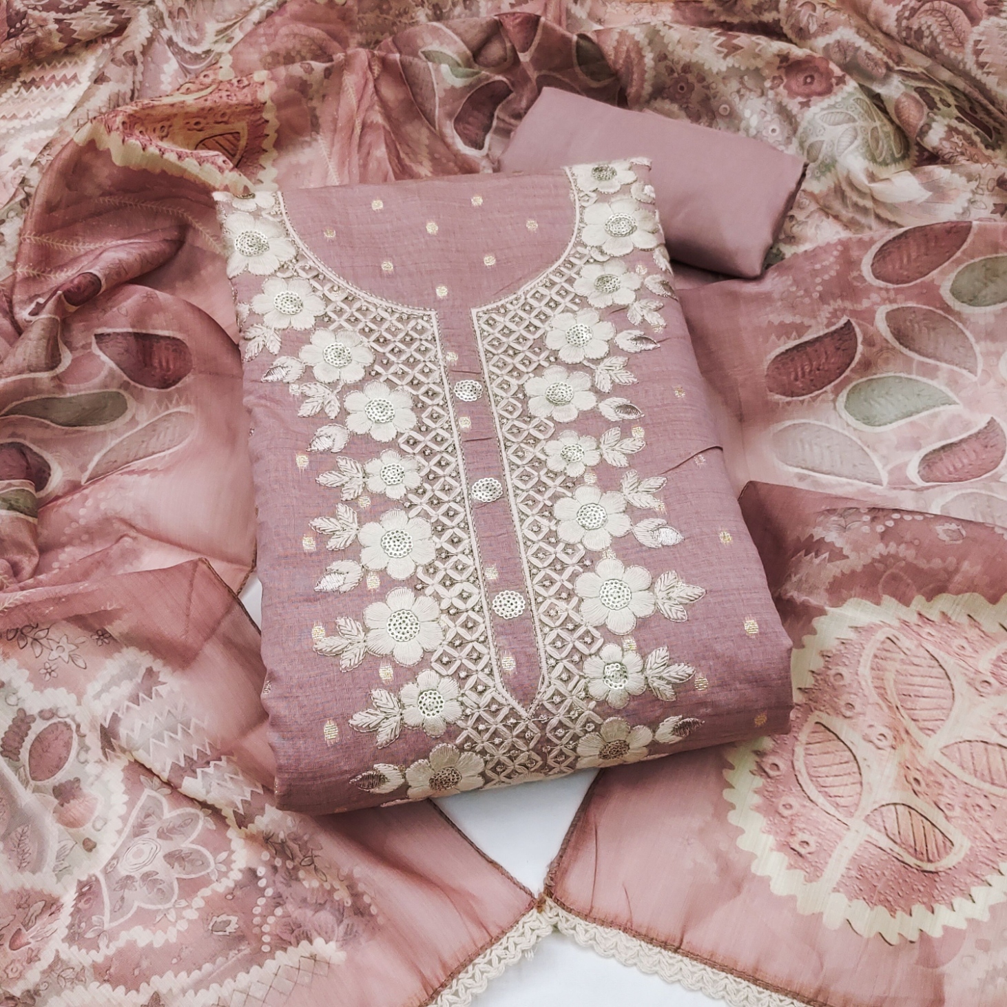 Pink Floral Hand Work Modal Cotton Salwar Suit