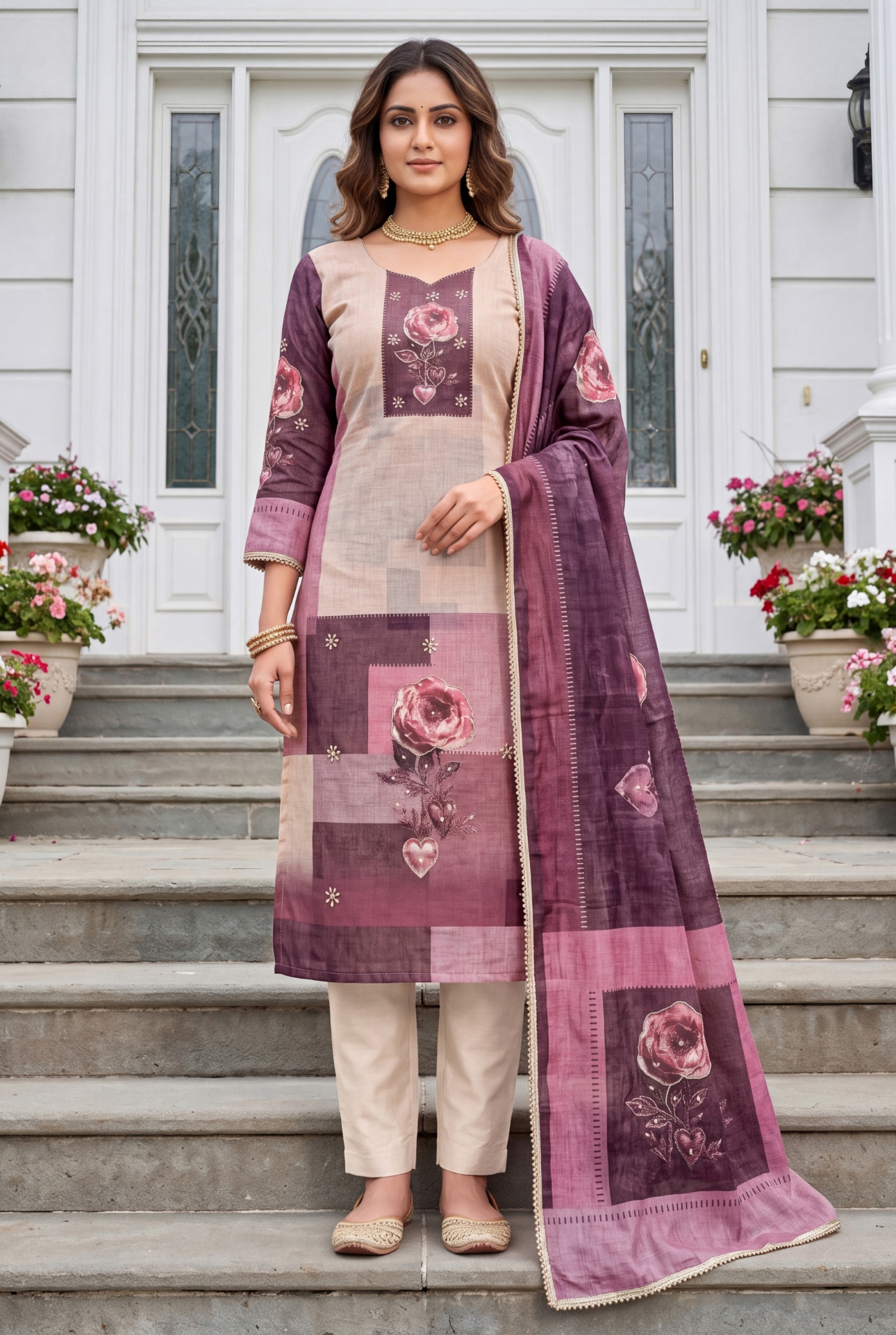 Pink Floral Hand Work Modal Cotton Straight Suit