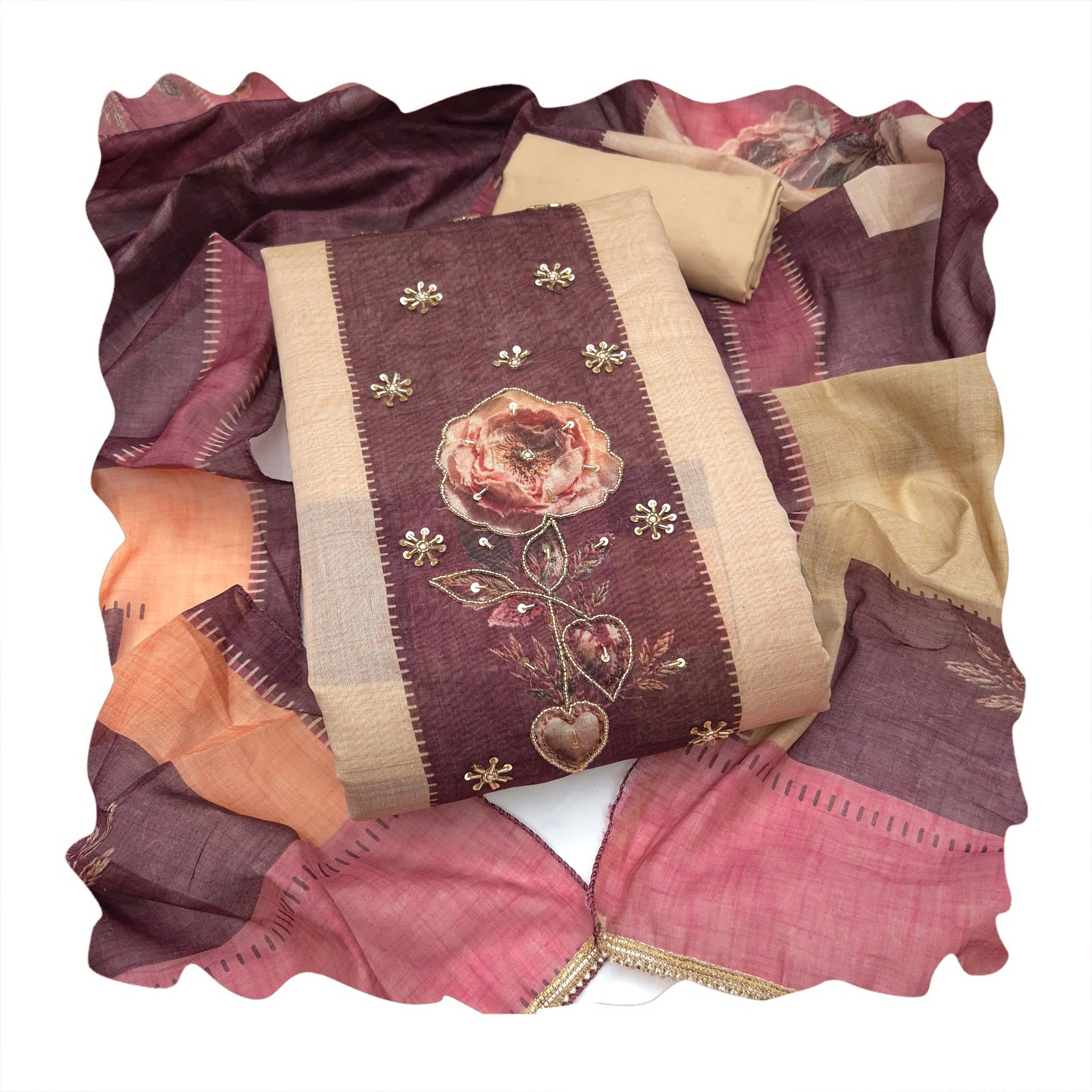 Pink Floral Hand Work Modal Cotton Straight Suit — alternate view