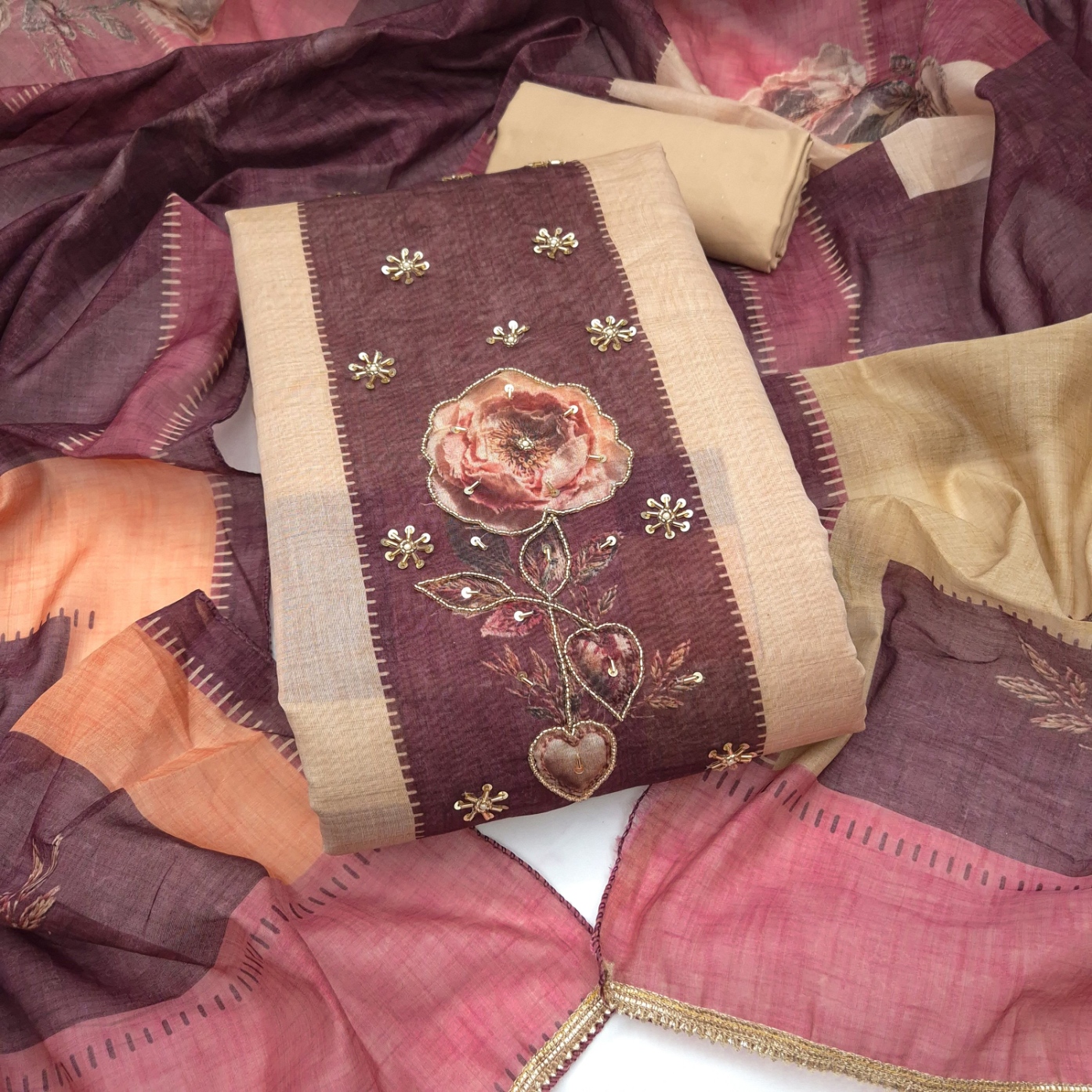 Pink Floral Hand Work Modal Cotton Straight Suit
