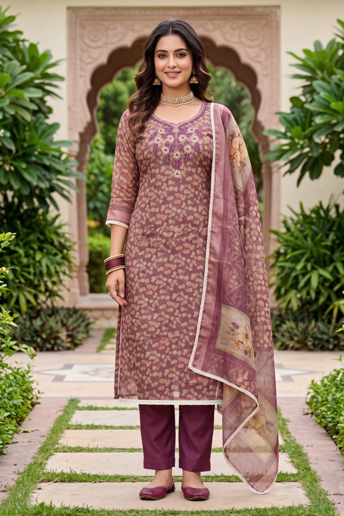 Pink Floral Hand Work Shimmer Lilen Straight Suit