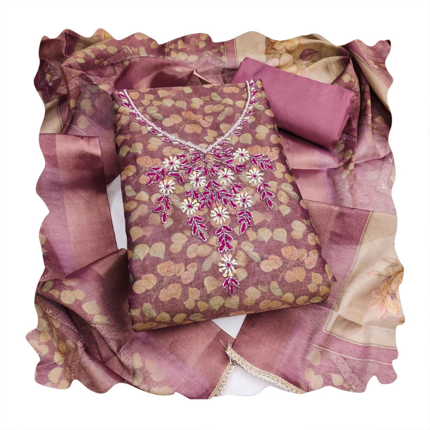 Pink Floral Hand Work Shimmer Lilen Straight Suit — alternate view