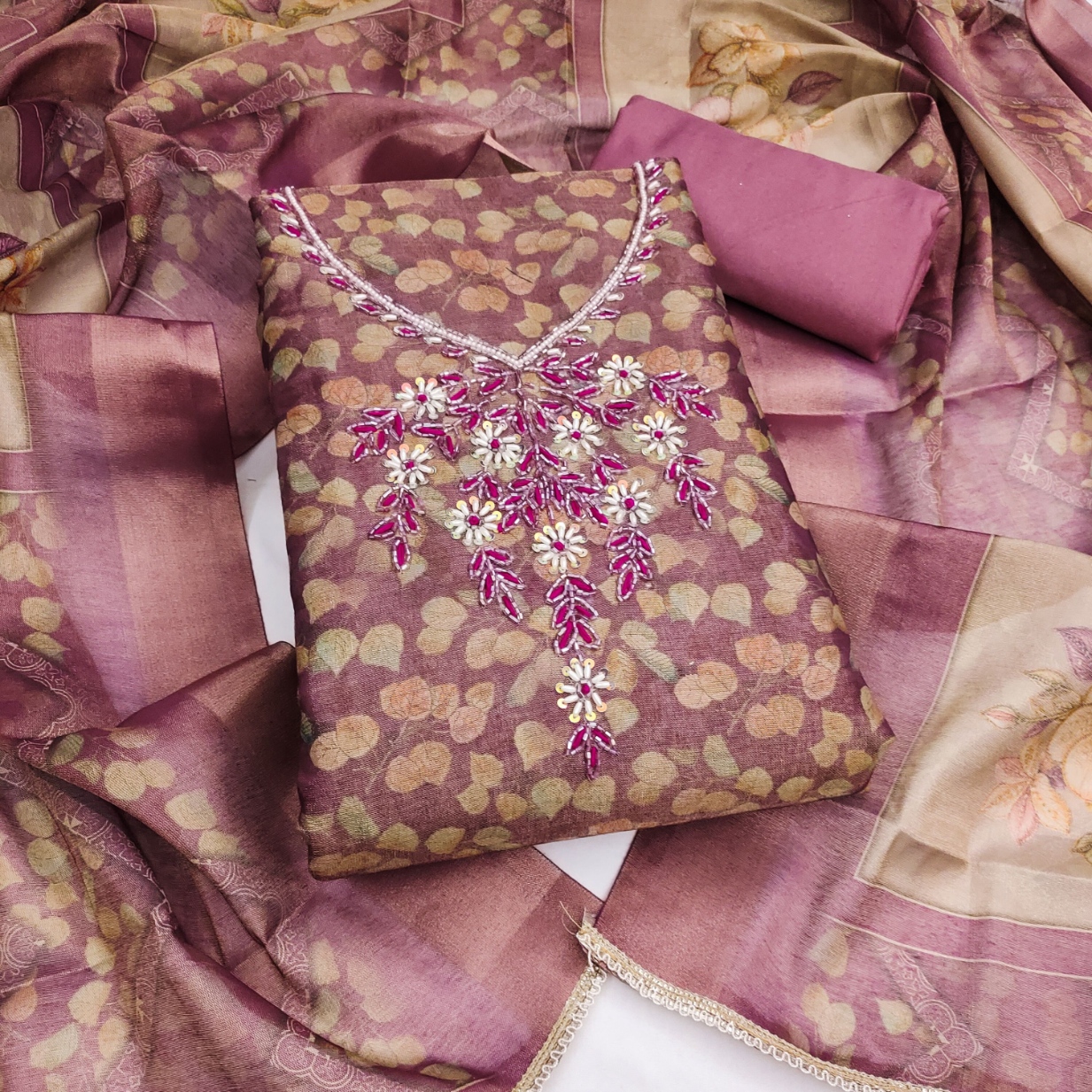 Pink Floral Hand Work Shimmer Lilen Straight Suit