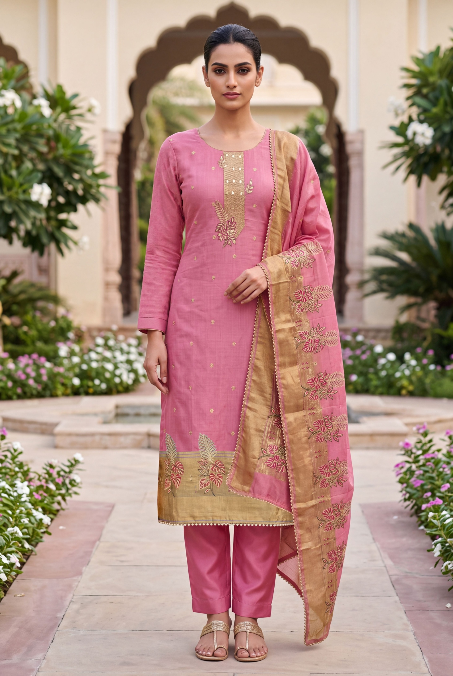 Pink Floral Handwork Banarasi Cotton Straight Suit