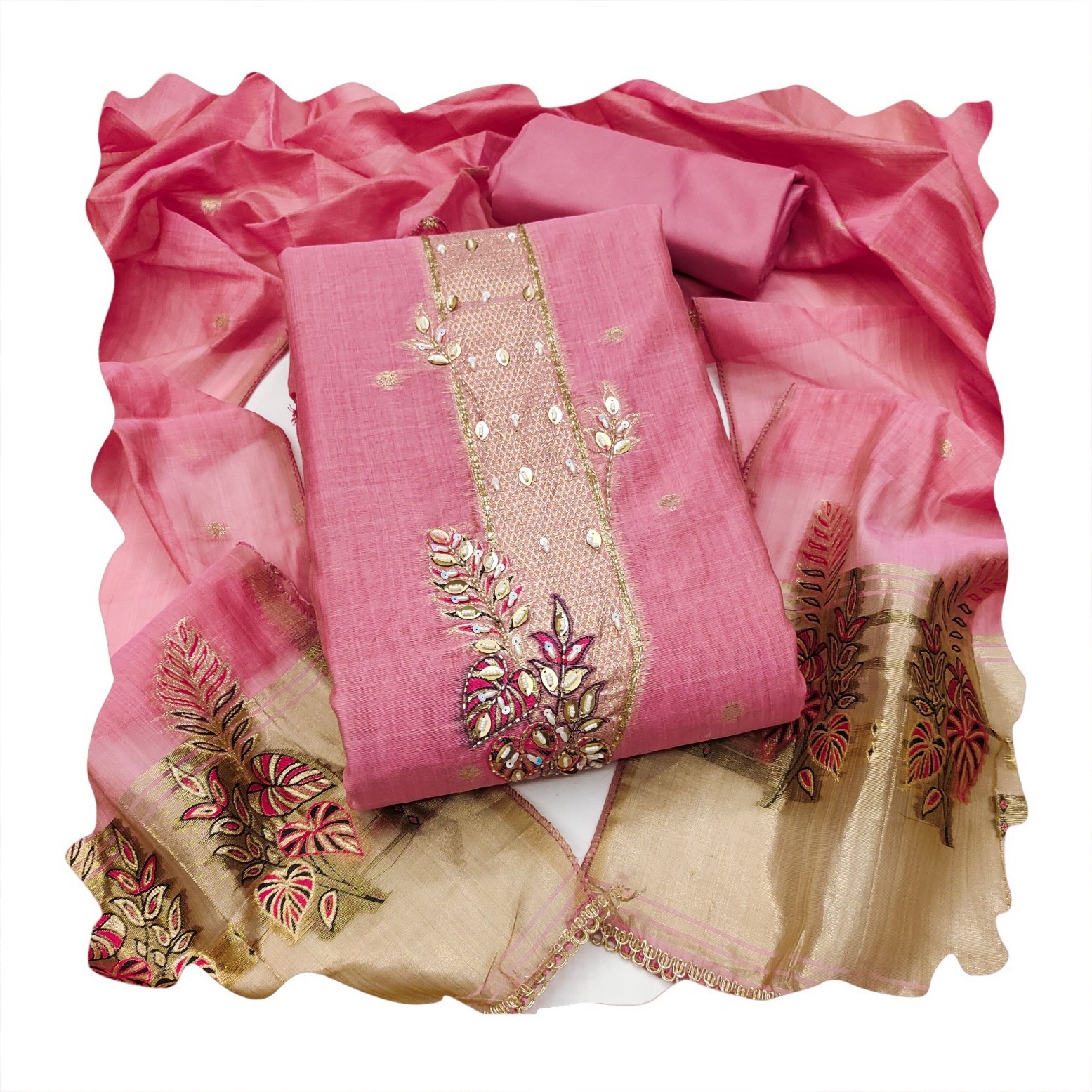 Pink Floral Handwork Banarasi Cotton Straight Suit — alternate view