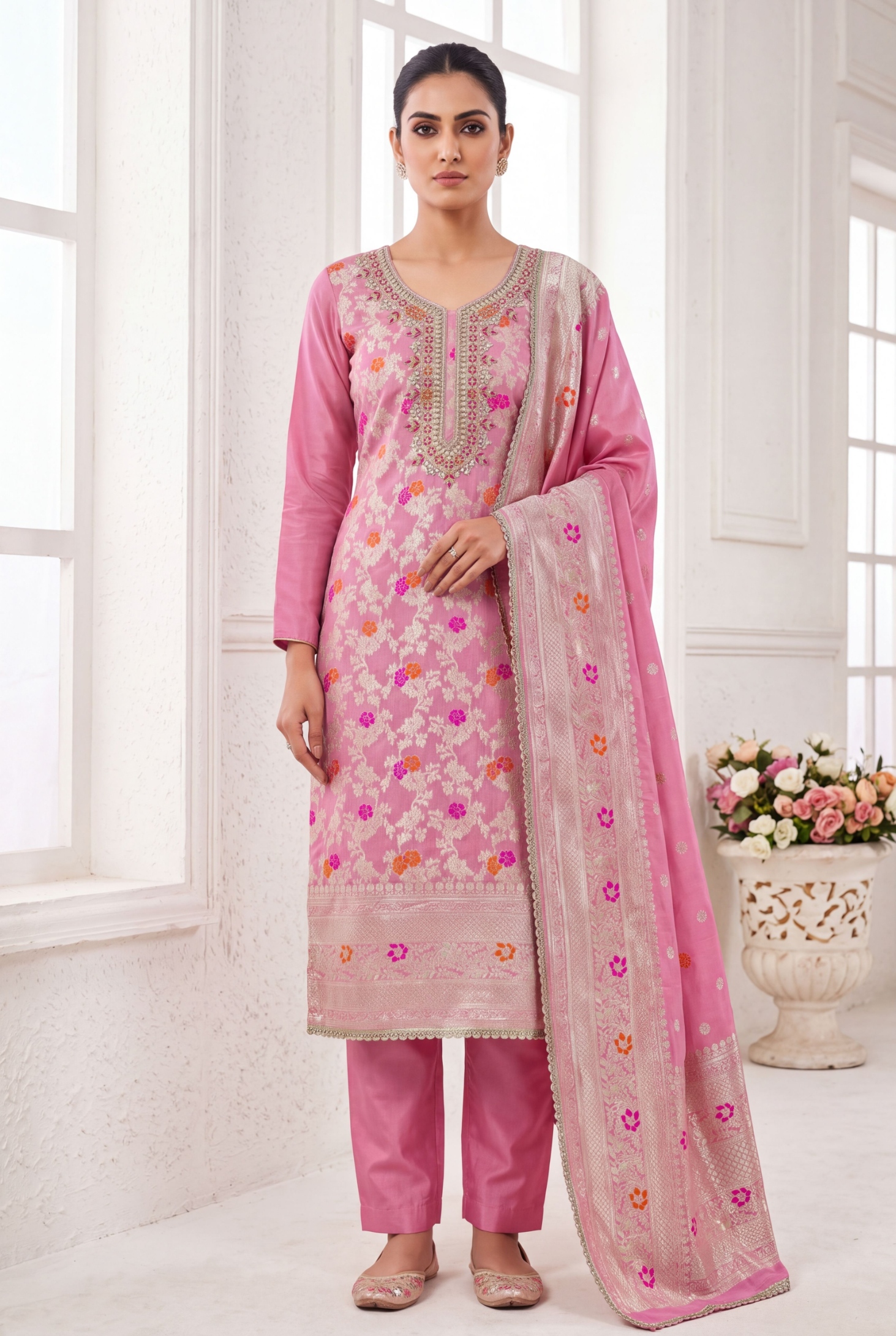 Pink Floral Handwork Banarasi Cotton Straight Suit