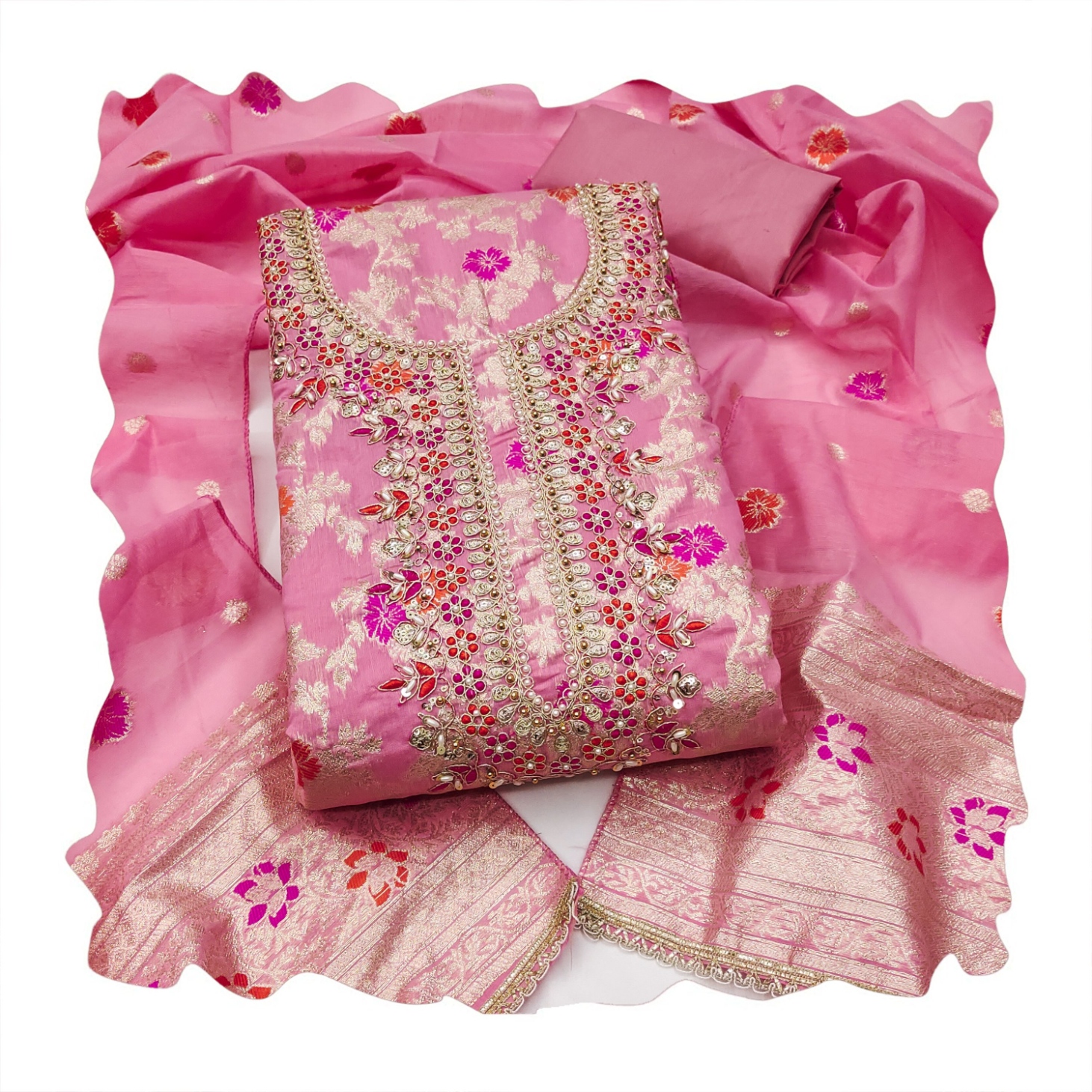 Pink Floral Handwork Banarasi Cotton Straight Suit — alternate view