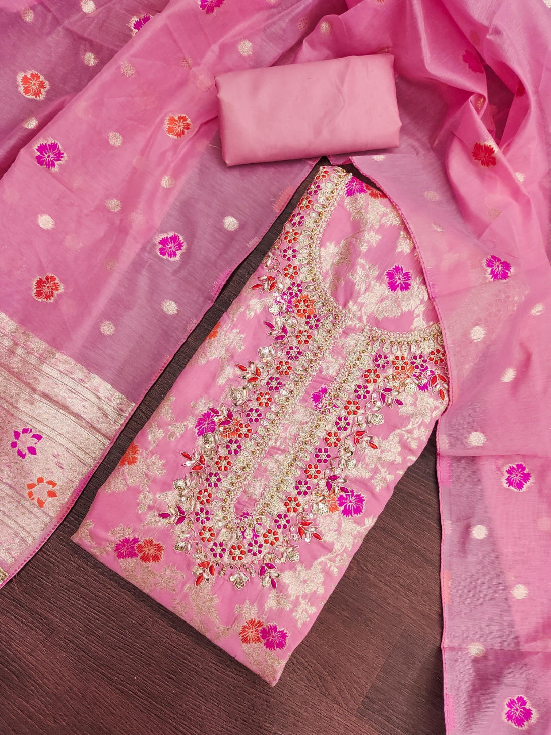 Pink Floral Handwork Banarasi Cotton Straight Suit