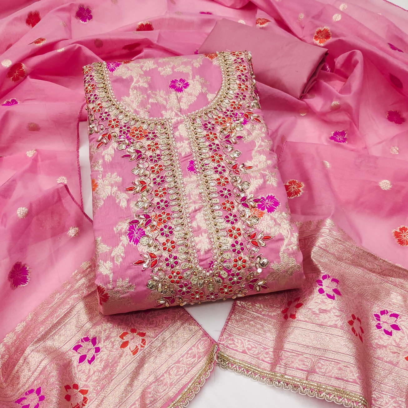 Pink Floral Handwork Banarasi Cotton Straight Suit