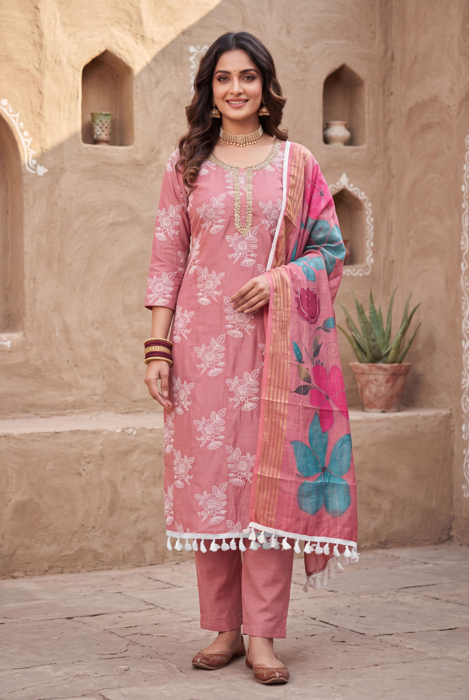 Pink Floral Handwork Cotton Silk Straight Suit