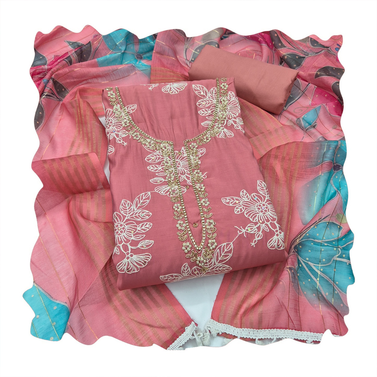 Pink Floral Handwork Cotton Silk Straight Suit — alternate view